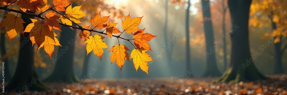 Autumnal yellow orange leaves scattered along a branch in a forest clearing under a brilliant blue sky with morning dew, autumn colors, trees Autumnal yellow orange leaves scattered along a branch in a forest clearing under a brilliant blue sky with morning dew, autumn colors, trees