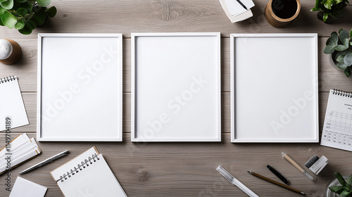 Three White Large Photo Frames on Wooden Table with Office Supplies - Top View
