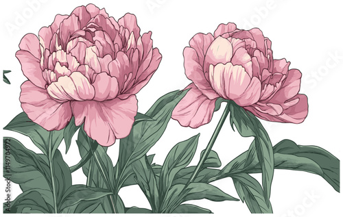 Vintage engraving of 2080s Peony, featuring rich pink blooms, soft shadows, and lush green leaves to evoke a classic look