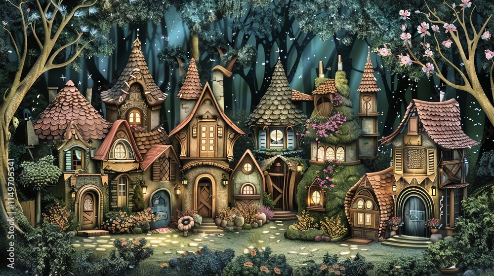 Fototapeta premium A whimsical illustration of a fairytale village nestled in the woods.
