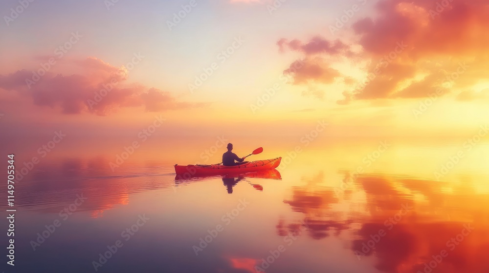 Solitary kayaker on calm water at sunset, reflected colors. Solitary kayaker on calm water at sunset, reflected colors.