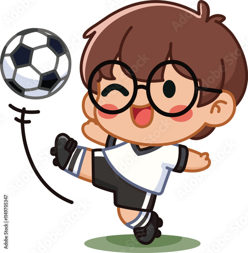 Smiling and winking boy kicking a soccer ball