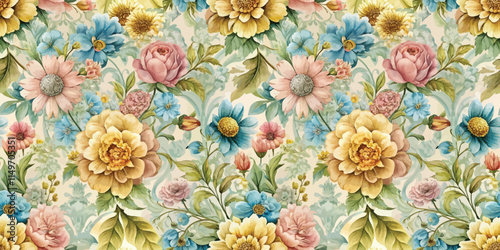 Vibrant vintage floral pattern featuring various roses and sunflowers in soft colors.