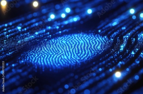 An ensemble of biometric-like lights illuminating the touch ID technology, with a blue digital background and the texture of a fingerprint on top of it