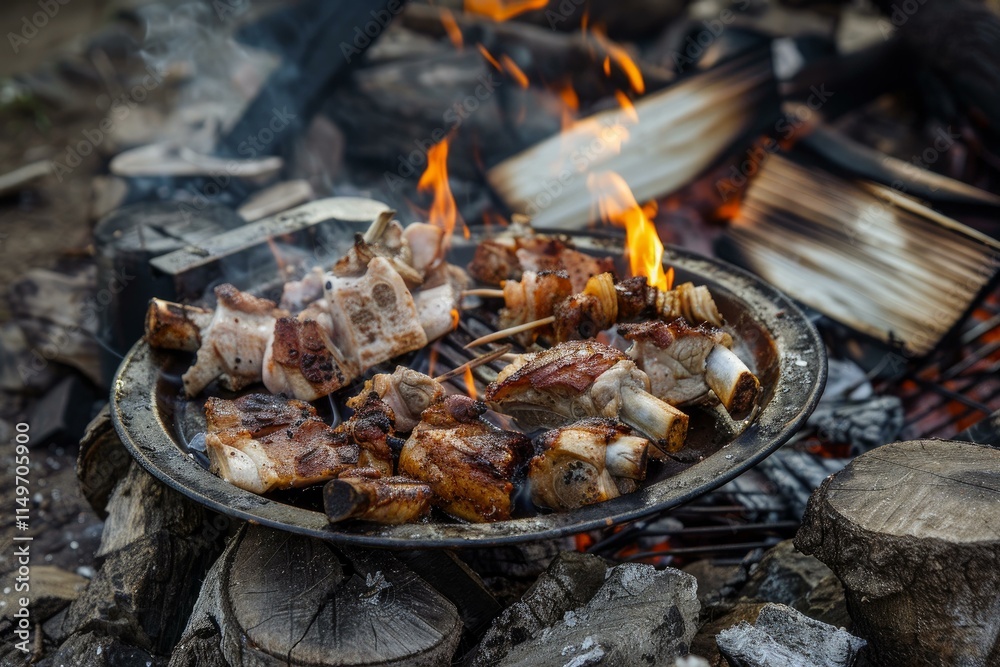 Delicious pork ribs and skewers grilling on campfire flames over wood logs, perfect for a summer barbecue Delicious pork ribs and skewers grilling on campfire flames over wood logs, perfect for a summer barbecue