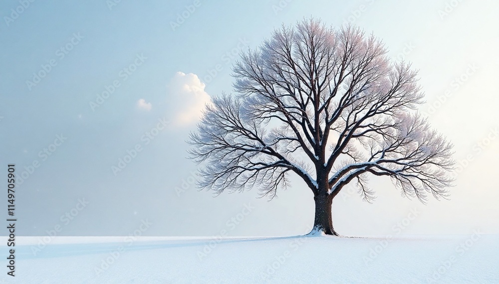Fototapeta premium Bare Tilia Americana tree with snow accumulation at the base, cold weather, bare tree, snowfall