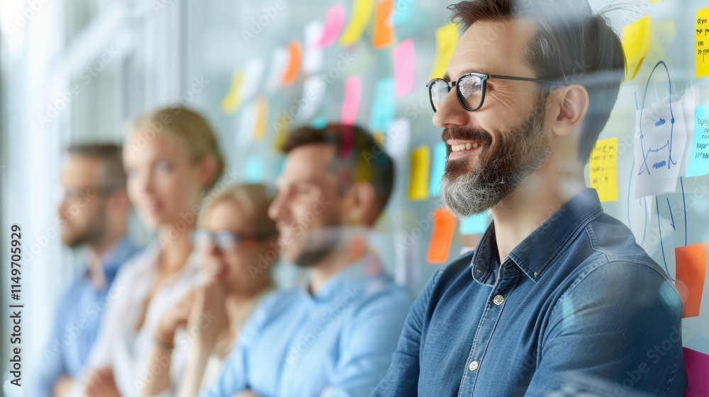 A group of professionals smiling and engaging in a collaborative environment with colorful sticky notes on the wall behind them. A group of professionals smiling and engaging in a collaborative environment with colorful sticky notes on the wall behind them.