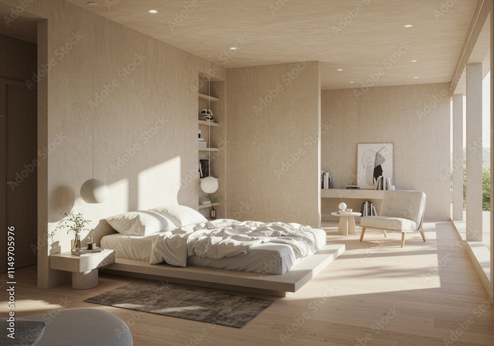 Fototapeta premium Interior room with a minimalist design bed.