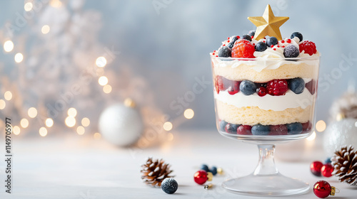 A festive trifle dessert with Christmas decorations