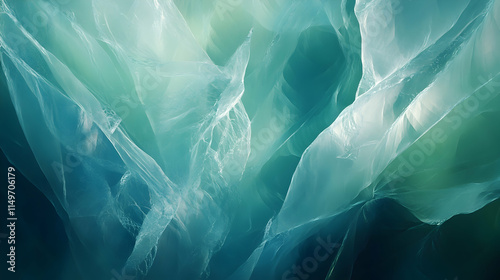 3D abstract background with overlapping translucent layers, illuminated by soft lighting, creating a serene and calming effect with shades of blue and green photo