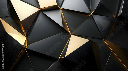 3D abstract background with sharp, jagged geometric shapes in metallic textures, with light reflecting off of angular surfaces, and dark contrasts of black, gold, and silver