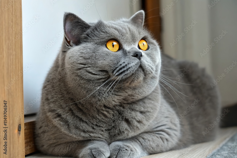 portrait of a cat with eyes cat with orange eyes lying on grey textile sofa at home. Soft fluffy purebred short hair straight-eared kitty portrait of a cat with eyes cat with orange eyes lying on grey textile sofa at home. Soft fluffy purebred short hair straight-eared kitty