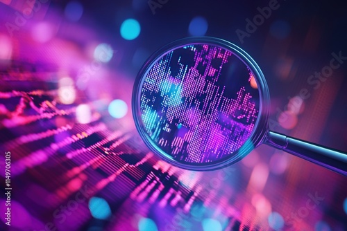 Magnifying Glass Reveals Digital Code's Secrets in Vibrant Hues, Exploring Data's Mysteries with Technology's Power.