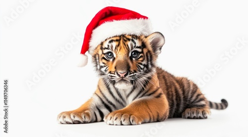 Lovely baby tiger wearing Santa Claus hat on white background.