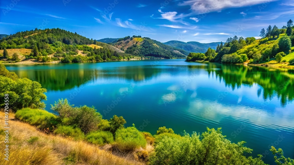 Naklejka premium Stunning Ukiah Lake View: California Lakeside Serenity - High-Resolution Stock Photo