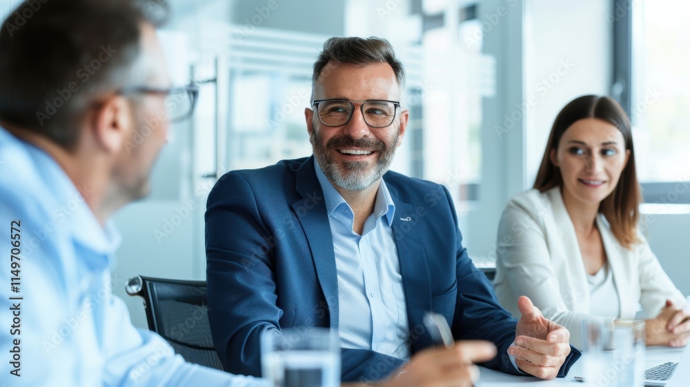 A professional meeting with three individuals engaged in conversation, showcasing collaboration and teamwork in a modern office setting. A professional meeting with three individuals engaged in conversation, showcasing collaboration and teamwork in a modern office setting.