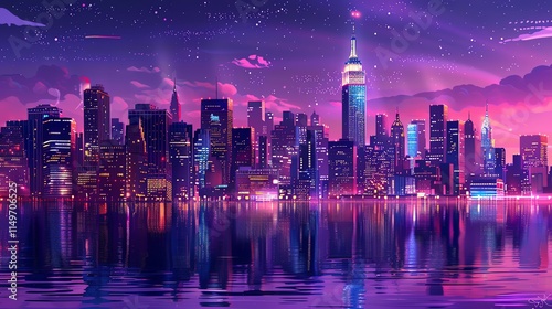 A cartoon-style illustration of a city skyline at night, reflected in the water.