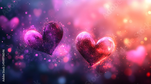 Two sparkling hearts surrounded by colorful bokeh and light effects, symbolizing love.