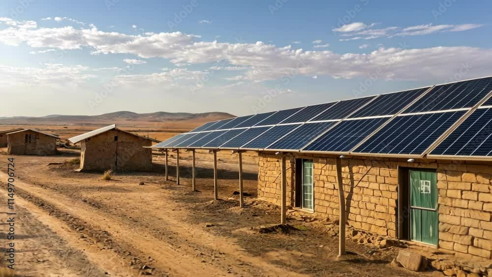 Solar panels arranged in neat rows beside simple earthen structures in a dry landscape. Solar panels arranged in neat rows beside simple earthen structures in a dry landscape.