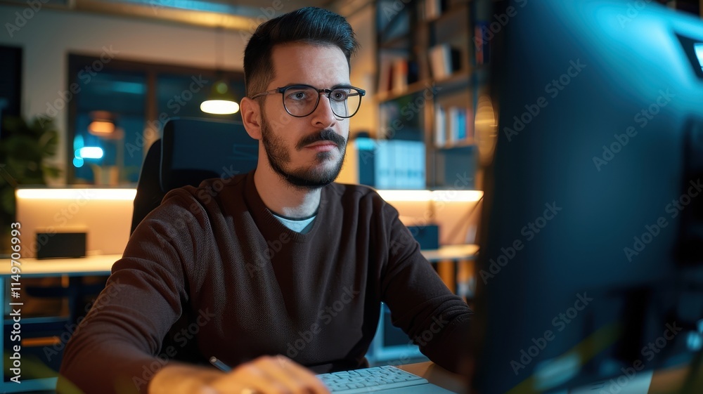 A focused man works on a computer in a modern office space, illuminated by ambient light, suggesting a productive atmosphere. A focused man works on a computer in a modern office space, illuminated by ambient light, suggesting a productive atmosphere.