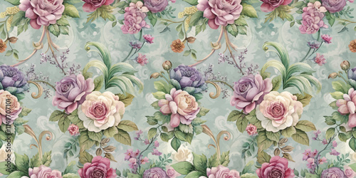 Elegant floral pattern with pastel roses and green leaves on a soft blue background.