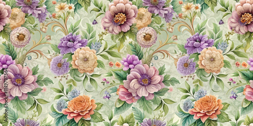 A vibrant floral pattern featuring pastel flowers in a lush design.