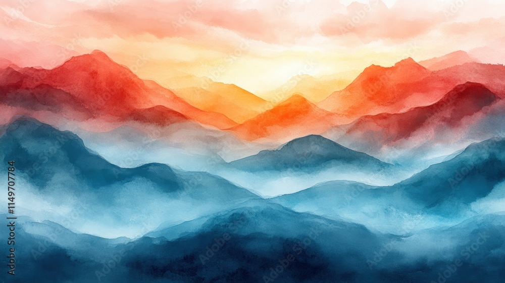 Vibrant watercolor painting of a majestic mountain range at sunset, with layers of mist and fog creating a dreamy atmosphere. Vibrant watercolor painting of a majestic mountain range at sunset, with layers of mist and fog creating a dreamy atmosphere.
