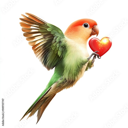 A vibrant lovebird holding a heart, representing love and affection in nature.