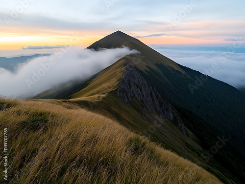 Mountain Peak Sunrise: A majestic mountain peak pierces through a sea of clouds, bathed in the soft glow of sunrise photo