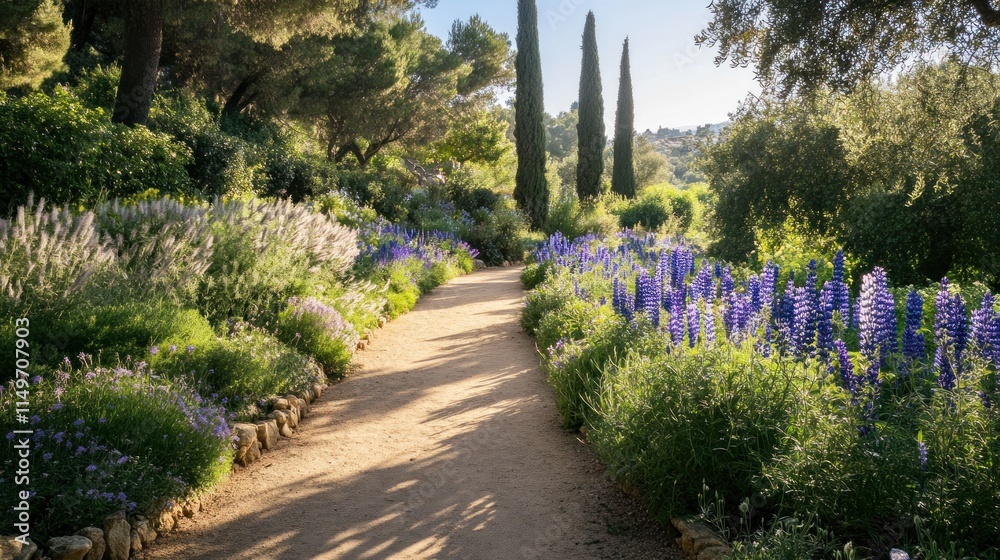 Fototapeta premium Sunlit garden path lined with vibrant purple lupines and other flowering plants.