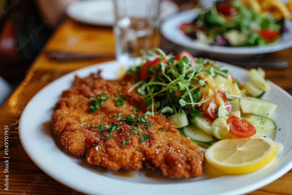 Crispy, golden brown breaded cutlet served with a fresh salad and a slice of lemon, creating a delicious and visually appealing meal Crispy, golden brown breaded cutlet served with a fresh salad and a slice of lemon, creating a delicious and visually appealing meal