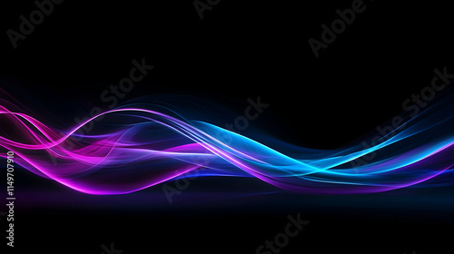 A futuristic abstract background featuring glowing neon blue and purple waveforms on a sleek black surface, creating a dynamic and modern aesthetic