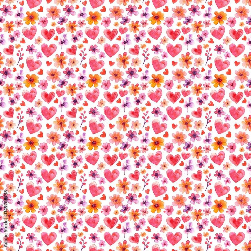 Valentine's day seamless watercolor pattern of hearts and flowers romantic design colorful background Valentine's day seamless watercolor pattern of hearts and flowers romantic design colorful background