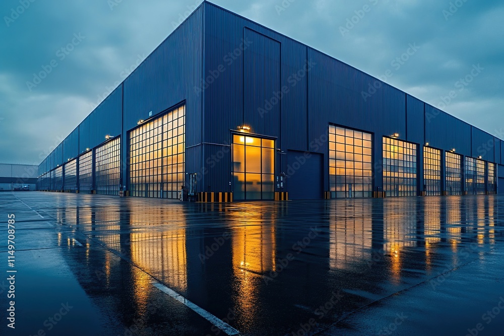 Modern Industrial Building with Large Glass Doors Reflecting Sunset Light on Wet Ground at Dusk Modern Industrial Building with Large Glass Doors Reflecting Sunset Light on Wet Ground at Dusk