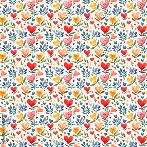 Valentine's day seamless watercolor pattern of hearts and flowers romantic design artistic background bright colors