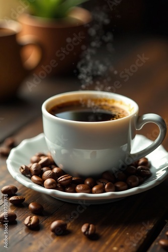 Coffee beans on saucer with freshly brewed coffee, coffee beans, liquid