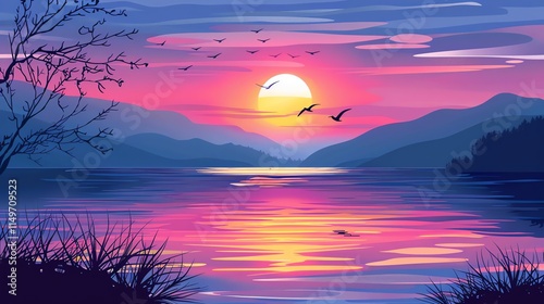 A digital illustration of a lake at sunset with mountains and birds.