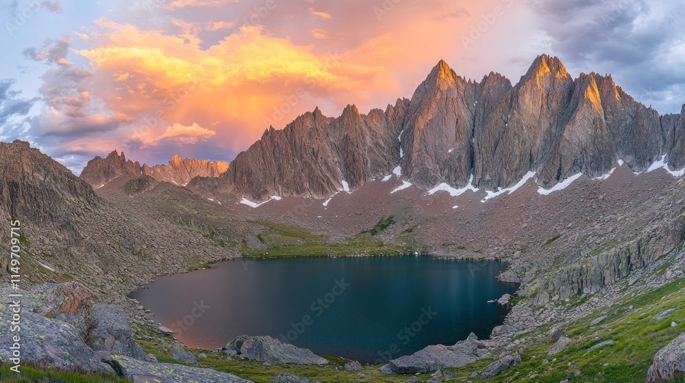 Fototapeta premium Majestic sunset illuminates alpine lake nestled in dramatic mountain range.