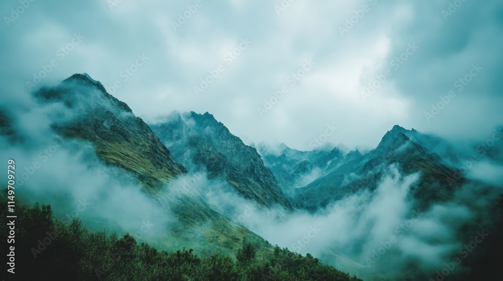 custom made wallpaper toronto digitalMisty mountain range shrouded in fog, showcasing lush green valleys and peaks.