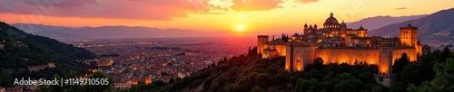A beautiful sunset view of Alhambra's palace from above, beauty, granada
