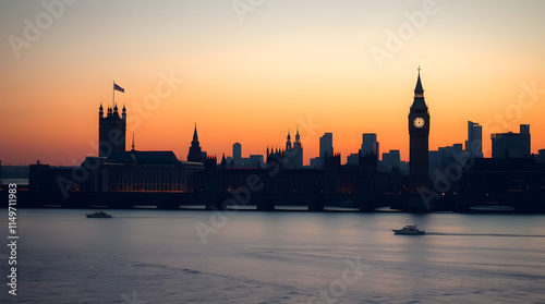 Graceful and elegant photograph of London's sunset skyline with a smooth gradient transition. 