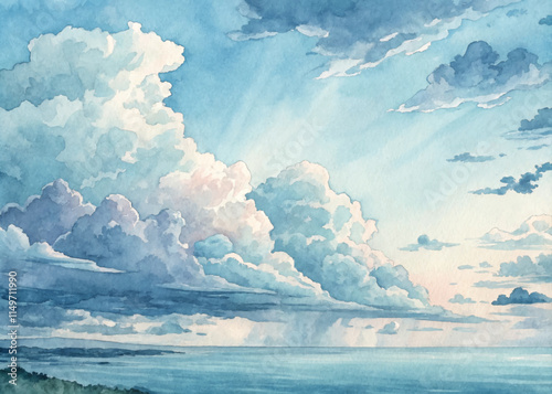 Dramatic clouds stretch across the sky over a tranquil sea, illustrating the beauty of nature in watercolor.