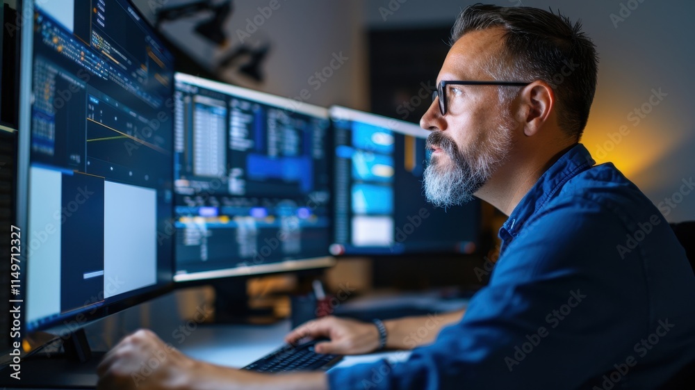 A focused man works at multiple computer screens, analyzing data and managing projects in a dimly lit workspace. A focused man works at multiple computer screens, analyzing data and managing projects in a dimly lit workspace.