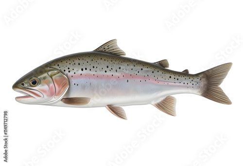 A whole trout with a streamlined body, featuring a silver-gray coloration on its sides and a darker back. The fish has a prominent eye and a slightly forked tail. The background is plain white , empha