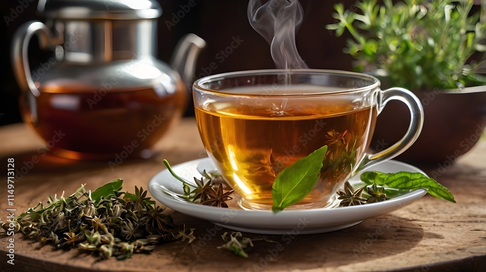 A close-up shot of a steaming herbal tea cup placed on a wooden table with herbs and a teapot in the background.
A close-up shot of a steaming herbal tea cup placed on a wooden table with herbs and a teapot in the background.