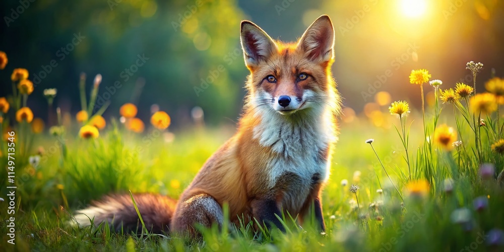 Fototapeta premium Summer Fox Photography: Cute Red Fox in Meadow, Wildlife Animal Images, Sunny Day, Fox Portrait, Summer Scenery, Wild Fox Photos