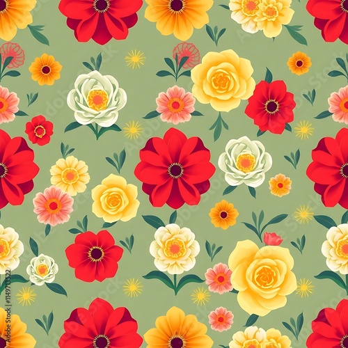 Floral Fiesta Seamless Pattern: A vibrant and cheerful seamless pattern featuring a delightful mix of colorful flowers, perfect for adding a touch of summer and spring to any design project.