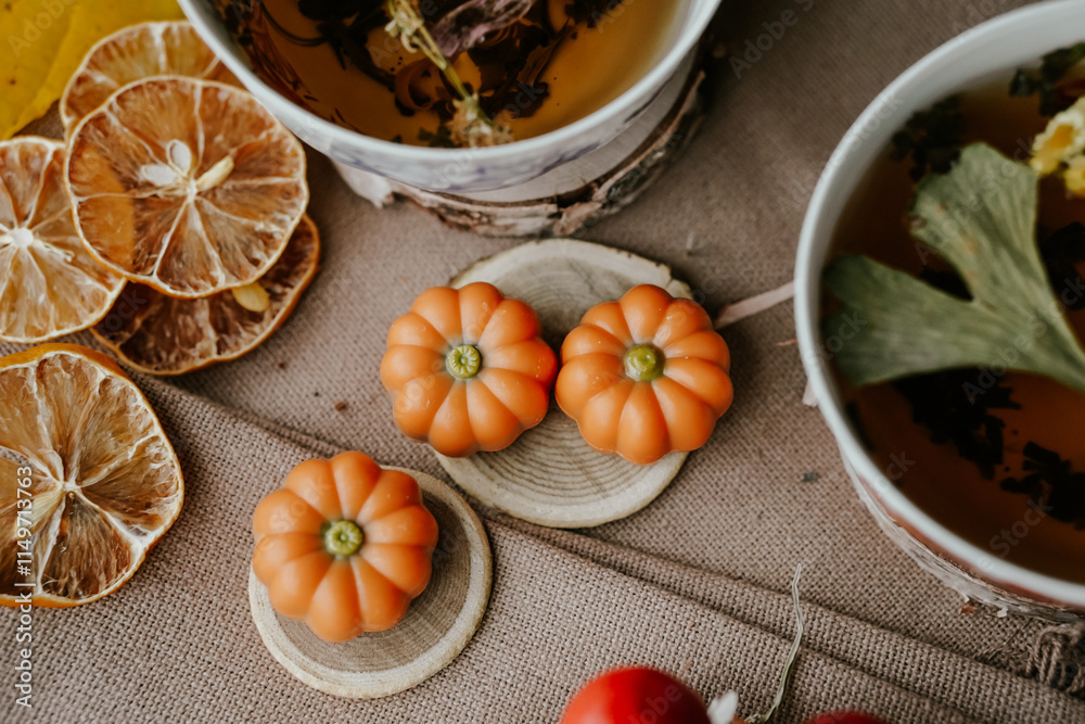 Fototapeta premium Cozy autumn vibes with herbal tea, dried citrus slices, and seasonal decor – a perfect setting for relaxation and warmth.