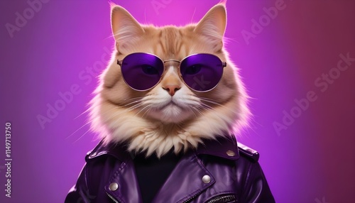 A cat with a light brown and cream coat wearing large sunglasses and a black leather jacket. The background features vibrant purple and pink lighting, creating a stylish and cool atmosphere photo