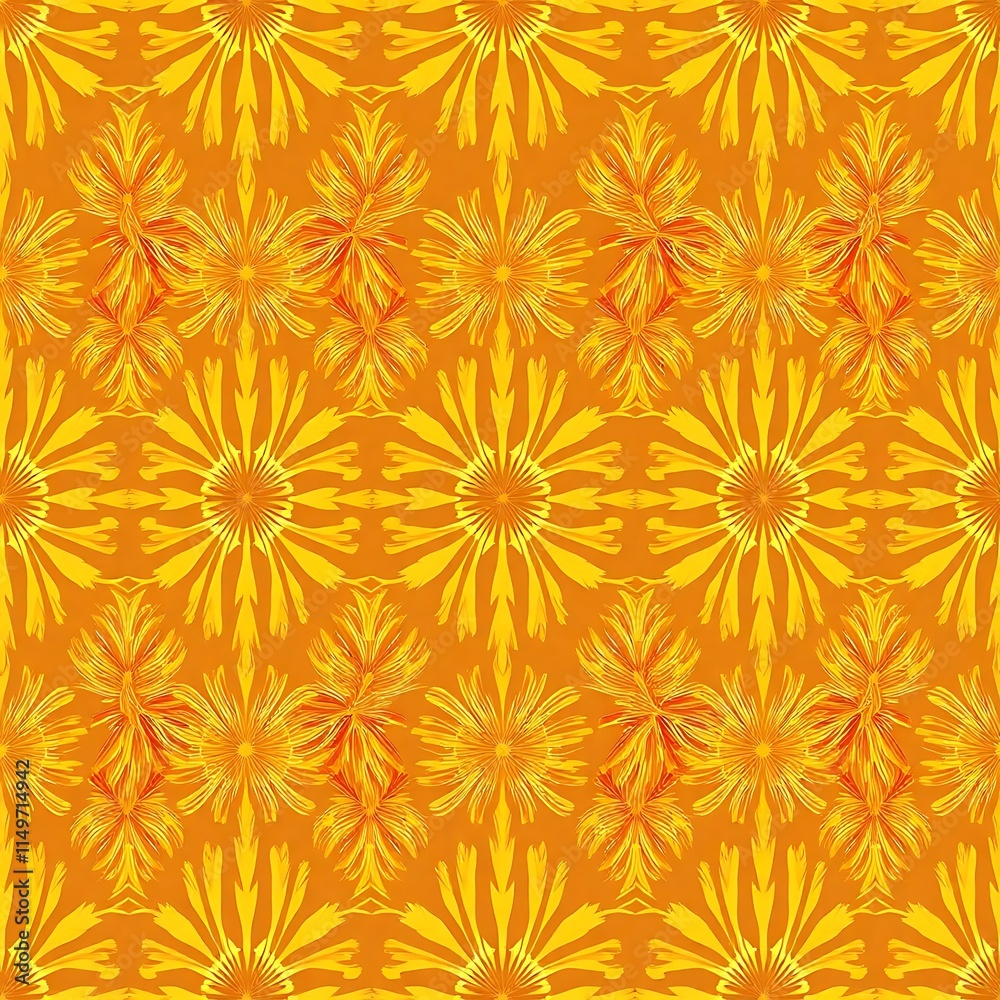Golden Floral Pattern: A vibrant and energetic seamless pattern featuring stylized golden flowers on an orange background. Golden Floral Pattern: A vibrant and energetic seamless pattern featuring stylized golden flowers on an orange background.